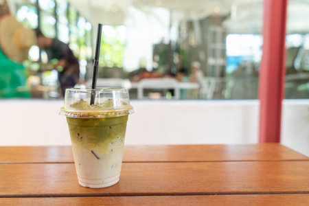 iced matcha green tea milkshake in coffee shop cafe restaurantの写真素材