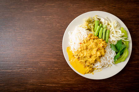 Thai Rice Noodles with Crab Curry and Variety Vegetables - Thai local southern foodの写真素材