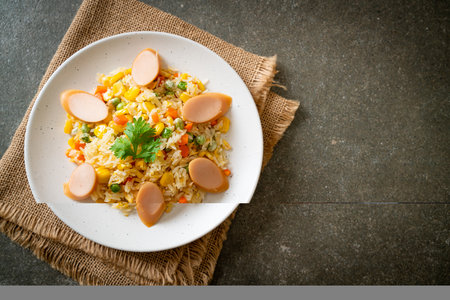 fried rice with sausage and mixed vegetableの写真素材