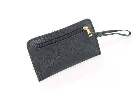 black leather hand bag isolated on white backgroundの写真素材