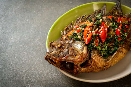 Fried Tilapia Fish with Basil chili garlic sauce on top - homemade food styleの写真素材