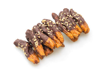solar sun dried banana chocolate coating or banana dipped chocolate isolated on white background