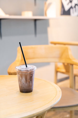 iced chocolate milkshake in coffee shop cafeの写真素材