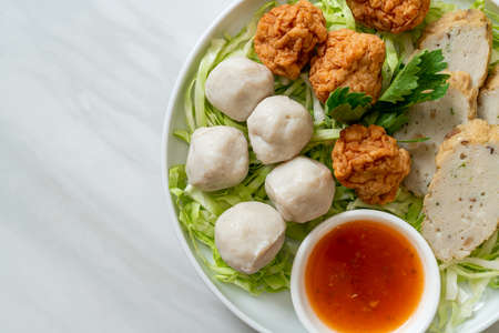 Boiled Fish Balls, Shrimp Balls and Chinese Fish Sausage with Spicy Dipping Sauce