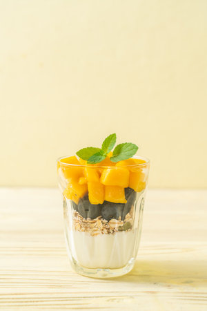 homemade fresh mango and fresh blueberry with yogurt and granola - healthy food styleの写真素材
