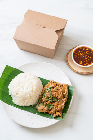 rice with grilled spicy pork and herb - Asian food styleの写真素材