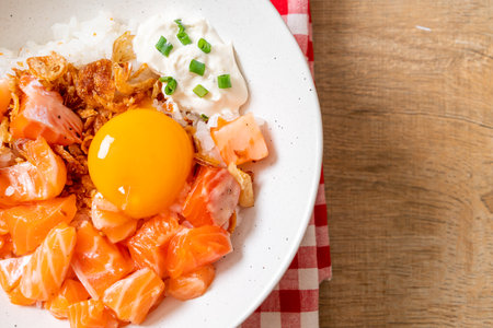 Japanese rice with fresh salmon raw and pickled egg - Asian food styleの写真素材