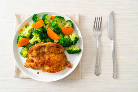teriyaki chicken steak with broccoli and carrotの写真素材