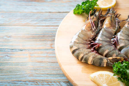 fresh tiger prawn or shrimp on wood boardの写真素材