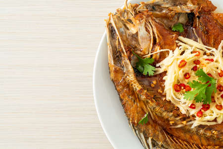 Fried Sea Bass Fish with Fish Sauce and Spicy Salad on plate