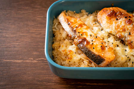 baked salmon with cheese and spicy miso rice bowlの写真素材