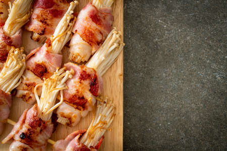 Bacon Wrapped Golden Needle Mushroom Skewersの写真素材