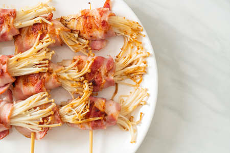 Bacon Wrapped Golden Needle Mushroom Skewers