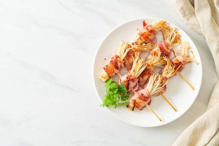 Bacon Wrapped Golden Needle Mushroom Skewersの写真素材