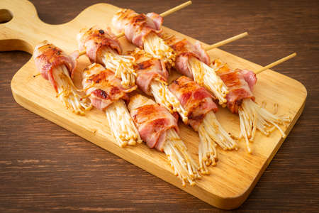 Bacon Wrapped Golden Needle Mushroom Skewersの写真素材