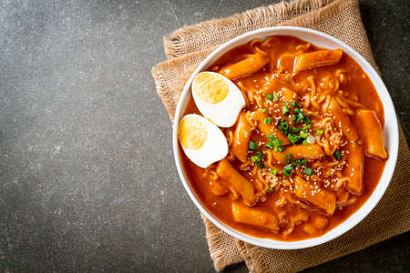 Korean instant noodle and Tteokbokki in Korean spicy sauce, Rabokki - Korean food styleの写真素材