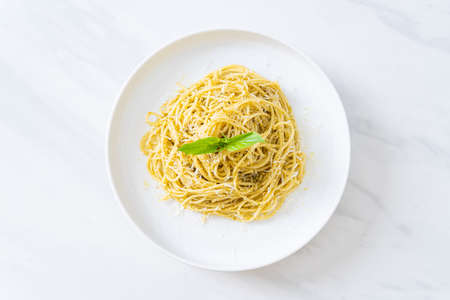 pesto spaghetti pasta - vegetarian food and Italian food style