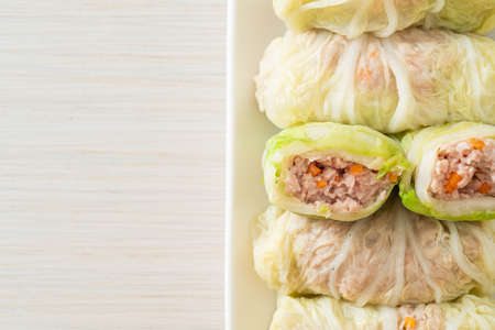Homemade Minced Pork Wrapped in Chinese Cabbage or Steamed Cabbage Stuff Mince Porkの写真素材