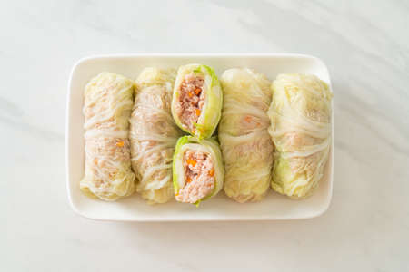 Homemade Minced Pork Wrapped in Chinese Cabbage or Steamed Cabbage Stuff Mince Porkの写真素材