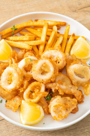calamari - fried squid or octopus with french friesの写真素材