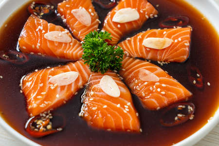 Salmon marinated shoyu or salmon pickled soy sauce in Korean styleの写真素材