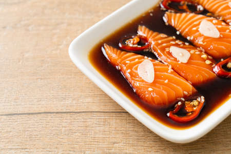 Salmon marinated shoyu or salmon pickled soy sauce in Korean styleの写真素材