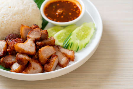 fried belly pork with rice with spicy sauce in Asian styleの写真素材