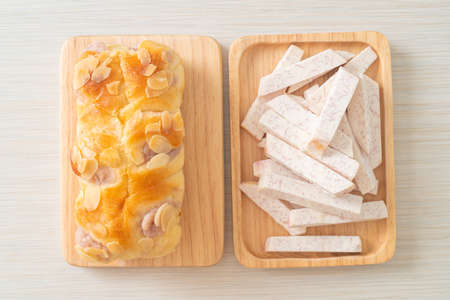 delicious taro toast bread on wood board
