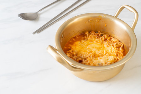 Korean spicy instant noodle bowl with mozzarella cheeseの写真素材
