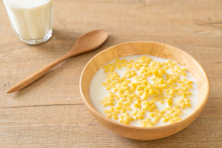whole grain cereals with fresh milk for breakfastの写真素材