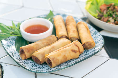 Fried Spring Rolls with dipping sauce on plate