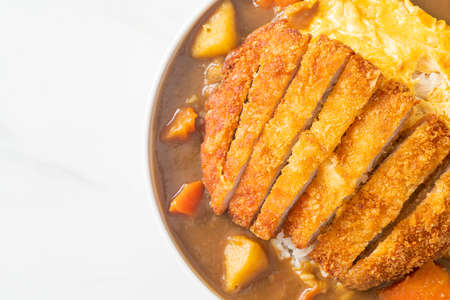 curry rice with tonkatsu fried pork cutlet and creamy omelet - Japanese food styleの写真素材