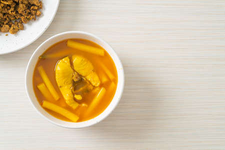Sour soup with lotus stem and fish - Thai Southern traditional food styleの写真素材