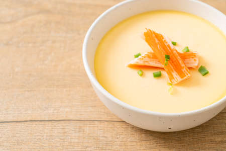 Steamed egg with crab stick and spring onionの写真素材