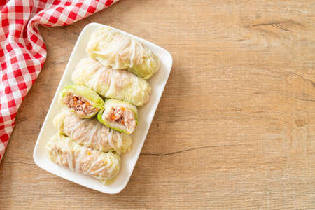 Homemade Minced Pork Wrapped in Chinese Cabbage or Steamed Cabbage Stuff Mince Porkの写真素材