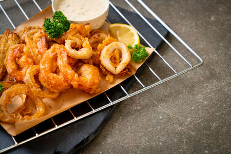 deep fried seafood (shrimps and squid) with mix vegetable - unhealthy food styleの写真素材