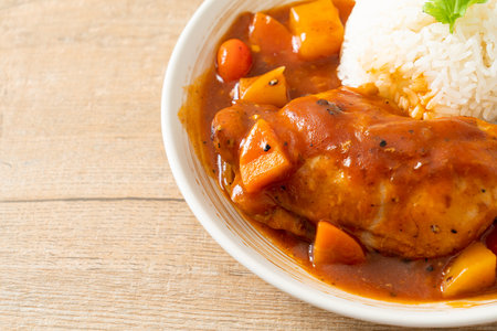homemade chicken stew with tomatoes, onions, carrot and potatoes on plate with riceの写真素材