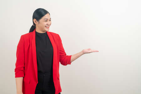 asian woman with hand present on white backgroundの写真素材