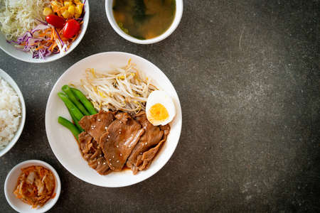 stir-fry Teriyaki Pork with sesame seeds ,mung bean sprouts, boiled egg and rice set - Japanese food styleの写真素材