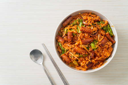 Ojing-O-Bokeum - Stir-fried squid or octopus with Korean spicy sauce rice bowl - Korean food styleの写真素材