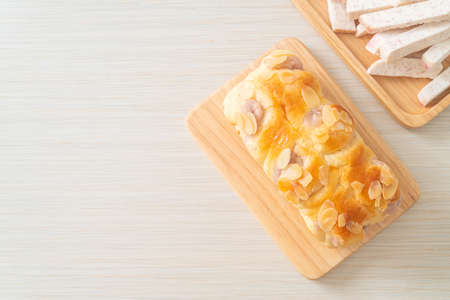 delicious taro toast bread on wood board