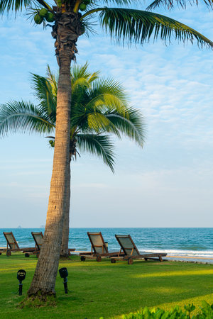 beach chair with sea background - holiday and vacation conceptの写真素材