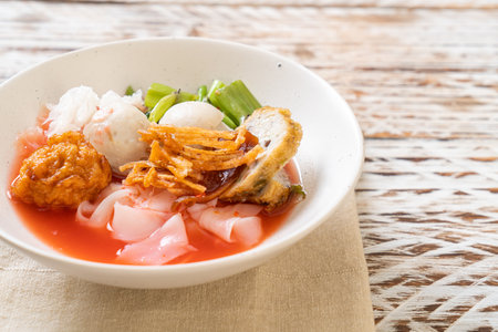 (Yen-Ta-Four) - Thai Style Noodle with assorted tofu and fish ball in Red Soup - Asian food styleの写真素材