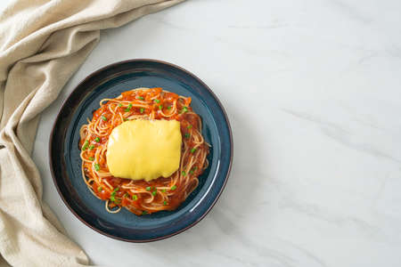 Spaghetti Tomato Sauce with Hamburg and Cheese on plateの写真素材