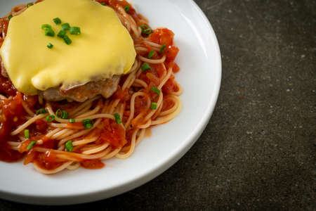 Spaghetti Tomato Sauce with Hamburg and Cheese on plateの写真素材