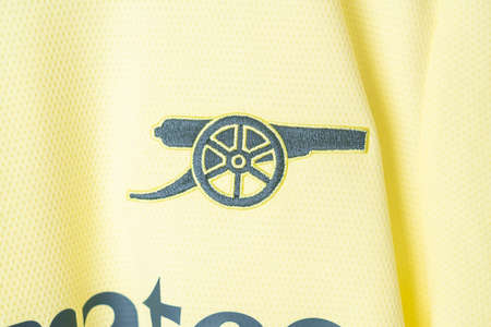 Bangkok, Thailand - Jan 18, 2022 : close up Arsenal on Arsenal shirt away jersey season 2021-2022のeditorial素材