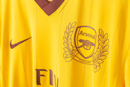 Bangkok, Thailand - Jan 18, 2022 : close up Arsenal on Arsenal retro shirt third jersey season...