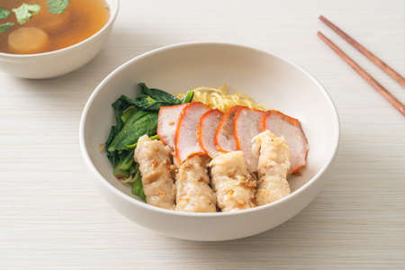 Barbecue Red Pork and Wonton Noodles with Soup Asian food style