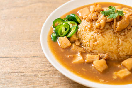 Chicken in brown sauce or gravy sauce with rice - Asian food styleの写真素材