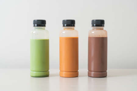 chocolate, Thai milk tea and Matcha green tea in plastic bottle packaging